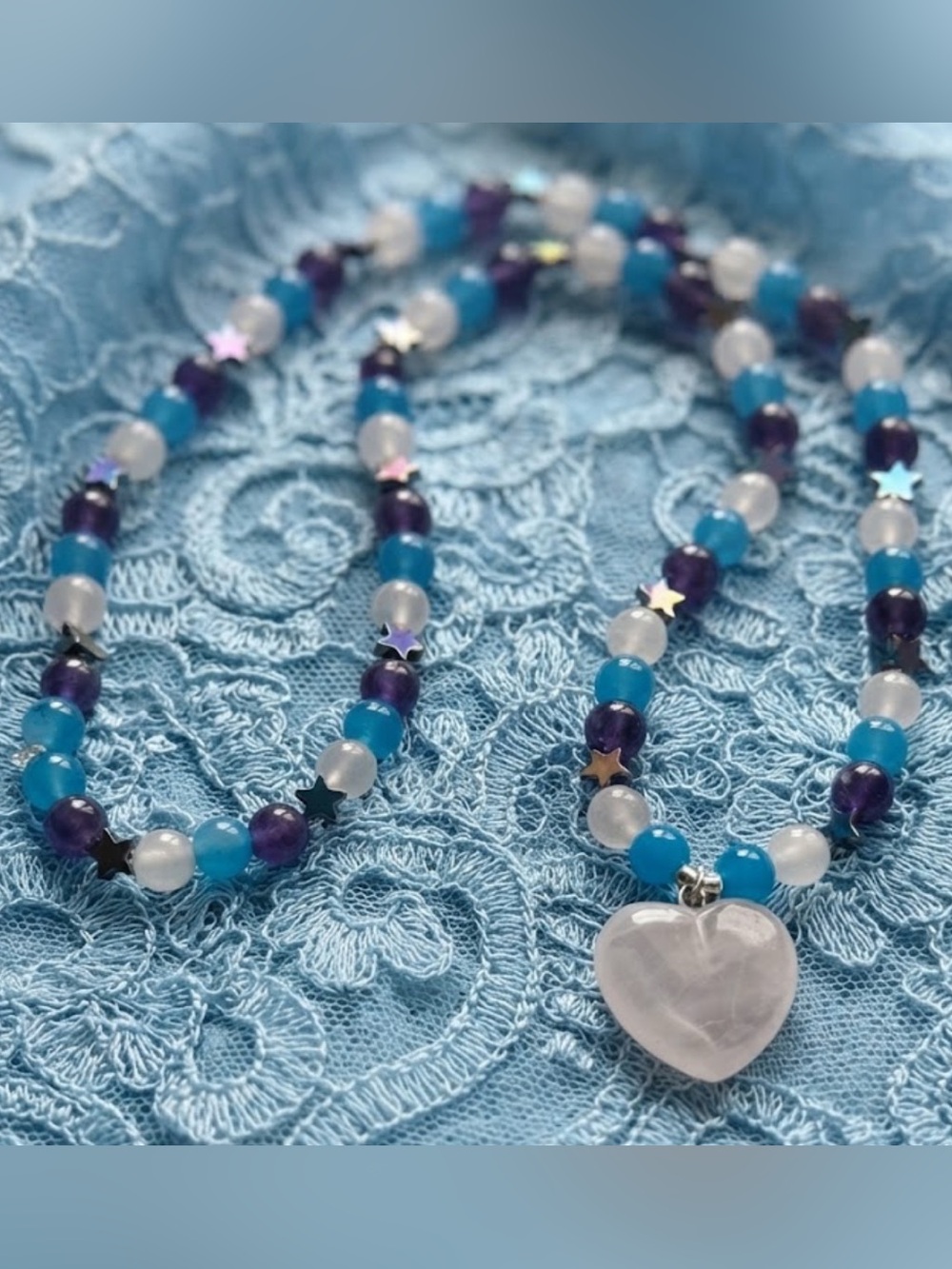 Cotton Candy Rainbow Necklace (Rainbow Hematite, Blue Jelly, Rose Quartz)